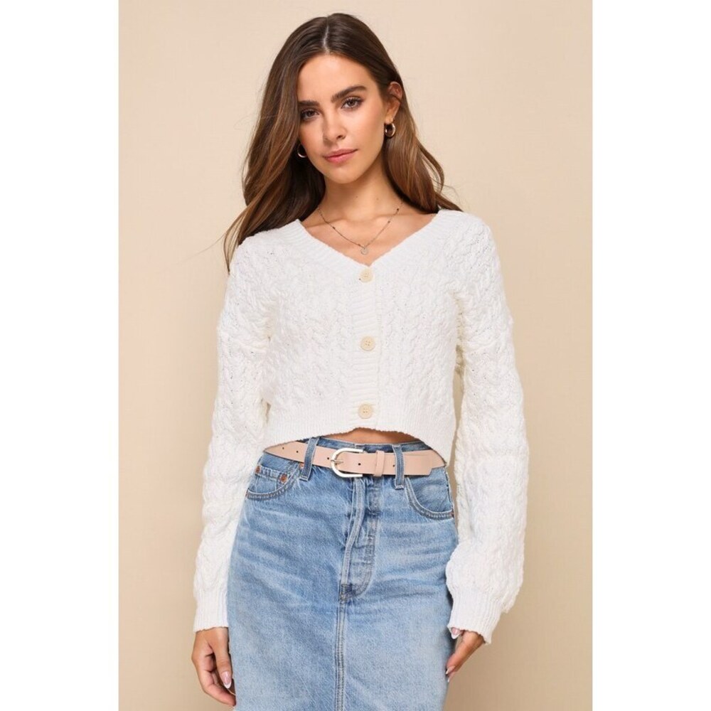 Lulus Adored Effect Ivory Cable Knit Cropped Cardigan Sweater White - Size S